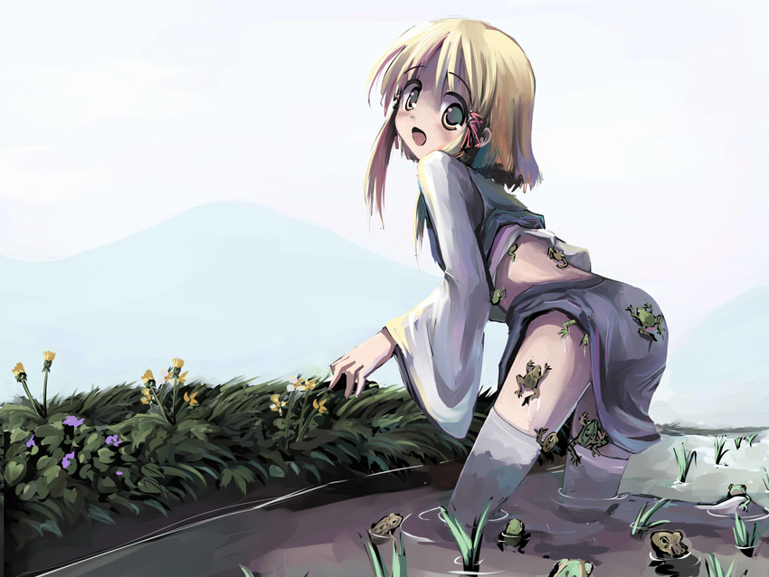 :d blonde_hair blue_sky blush dandelion day flower frog from_behind full_body gatau grass highres kneeling looking_at_viewer looking_back midriff moriya_suwako no_hat no_headwear no_shoes open_mouth rice_paddy short_hair skirt skirt_set sky smile solo straight_hair thighhighs touhou vest wading water white_legwear wide_sleeves yellow_eyes