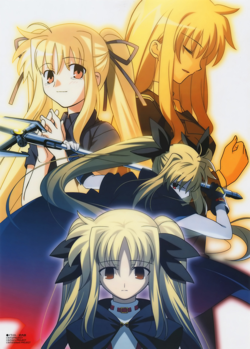 absurdres bardiche blonde_hair closed_eyes empty_eyes fate_testarossa gloves hair_ribbon highres long_hair looking_at_viewer lyrical_nanoha mahou_shoujo_lyrical_nanoha mahou_shoujo_lyrical_nanoha_a's mahou_shoujo_lyrical_nanoha_strikers megami non-web_source older pinup red_eyes ribbon sad scan smile takeuchi_takashi tears thighhighs twintails very_long_hair younger