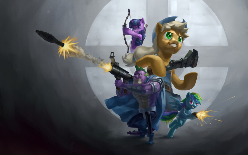 arrow bow bow_(weapon) cowboy_hat crossover cutie_mark dragon engineer_(team_fortress_2) equine female freckles friendship_is_magic green_eyes gun hat horn horse male mammal my_little_pony pegasus pipe_wrench pony purple_eyes rainbow_dash_(mlp) ranged_weapon red_eyes rocket_launcher scattergun scout_(team_fortress_2) shotgun sniper_(team_fortress_2) soldier_(team_fortress_2) spike_(mlp) stupjam team_fortress_2 twilight_sparkle_(mlp) unicorn valve video_games weapon wings wrench