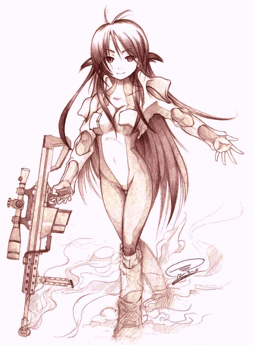 andou_mahoro anti-materiel_rifle barrett barrett_m82 bodysuit gun highres long_hair mahoromatic monochrome rifle sniper_rifle solo weapon