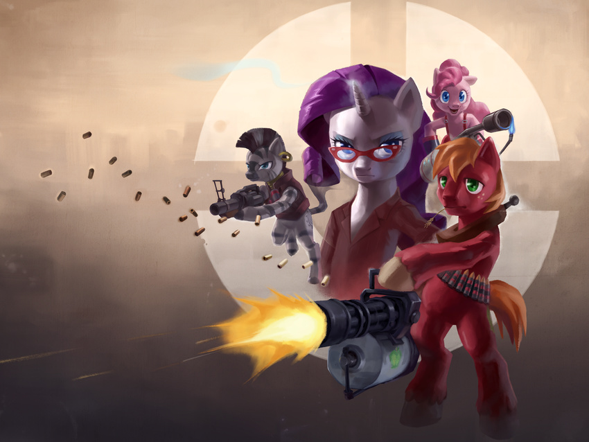 big_macintosh_(mlp) blue_eyes crossover cutie_mark demoman_(team_fortress_2) ear_piercing earring equine eyewear female flamethrower friendship_is_magic glasses green_eyes grenade_launcher heavy_(team_fortress_2) horn horse mammal minigun my_little_pony piercing pinkie_pie_(mlp) pony pyro_(team_fortress_2) ranged_weapon rarity_(mlp) stupjam team_fortress_2 the_announcer_(team_fortress_2) unicorn valve video_games weapon yoke zebra zecora_(mlp)