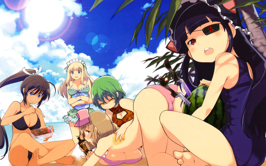 barefoot beach bikini blonde_hair blue_eyes breasts brown_hair chopsticks cleavage_cutout cloud curly_hair day eating eyepatch feet food fruit green_hair hanging_breasts haruka_(senran_kagura) heart highres hikage_(senran_kagura) homura_(senran_kagura) indian_style lens_flare looking_at_viewer looking_back lotion medium_breasts mirai_(senran_kagura) multiple_girls official_art one-piece_swimsuit open_mouth outdoors pinky_out ponytail purple_hair red_eyes scan senran_kagura senran_kagura_shoujo-tachi_no_shin'ei short_hair sitting sky small_breasts sunscreen swimsuit top-down_bottom-up underboob watermelon yaegashi_nan yakisoba yellow_eyes yomi_(senran_kagura)