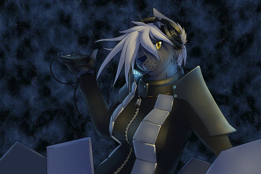 abstract_background amber_eyes breasts chazcatrix clothing feline female fingerless_gloves fur gloves grey grey_fur hair headphones long_hair looking_at_viewer mammal mp3_player shoulder_guards solo white_hair