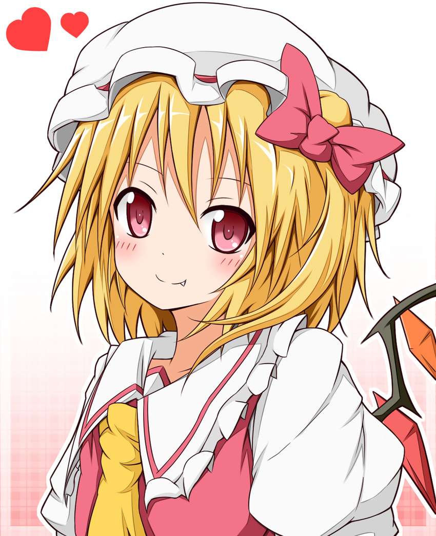 ascot blonde_hair blush bow fang flandre_scarlet hair_bow hat heart highres karamoneeze red_eyes ribbon short_hair side_ponytail simple_background smile solo touhou upper_body wings