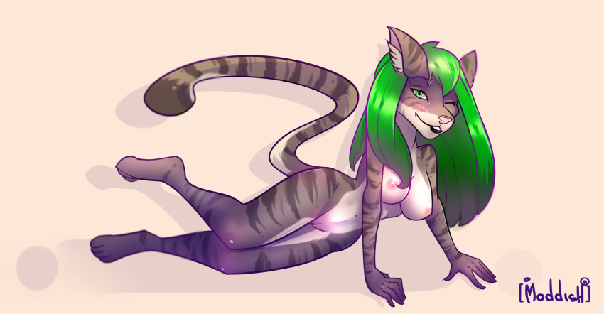 anthro breasts feline female fur green_eyes green_hair hair mammal moddish nude one_eye_closed pussy romantic simple_background smile solo striped_fur stripes wink