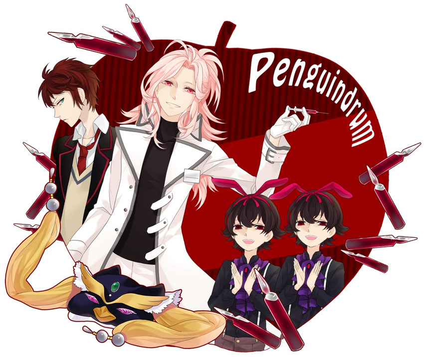 animal_ears animal_hat apple bad_id bad_pixiv_id black_hair blazer brown_hair bunny_ears coat food fruit green_eyes hat jacket kyou_zip long_hair male_focus mawaru_penguindrum multiple_boys pink_eyes pink_hair red_eyes scalpel school_uniform shirase_(mawaru_penguindrum) siblings souya_(mawaru_penguindrum) syringe takakura_kanba twins watase_sanetoshi