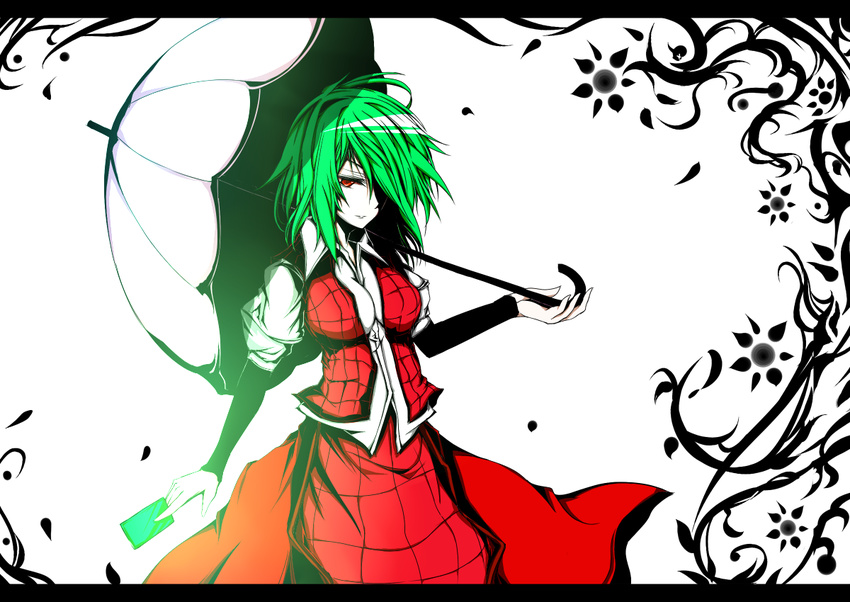 acryl ascot bad_id bad_pixiv_id breasts cleavage green_hair impossible_clothes impossible_shirt impossible_vest kazami_yuuka letterboxed medium_breasts parasol plaid plaid_skirt plaid_vest plant red_eyes shirt short_hair skirt skirt_set solo spell_card touhou umbrella vest vines