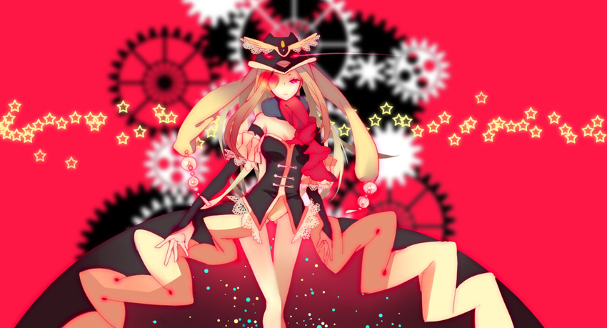 animal_hat blonde_hair brown_hair corset dress evemace gears hat long_hair mawaru_penguindrum pink_eyes princess_of_the_crystal red_background solo star takakura_himari