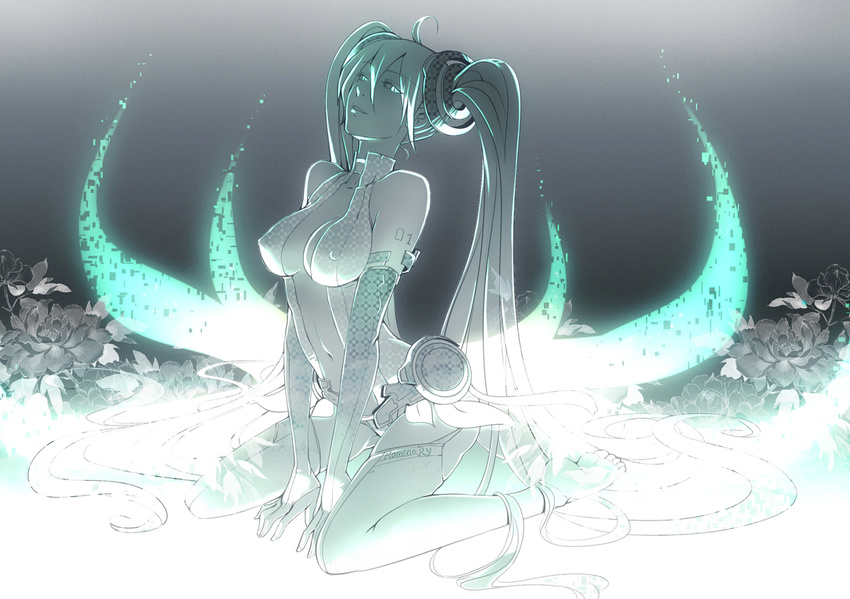 ahoge bad_id bad_pixiv_id bare_shoulders barefoot breasts bridal_gauntlets center_opening covered_nipples elbow_gloves gloves hatsune_miku hatsune_miku_(append) kaminary large_breasts long_hair monochrome navel sitting solo thighhighs twintails very_long_hair vocaloid vocaloid_append wariza