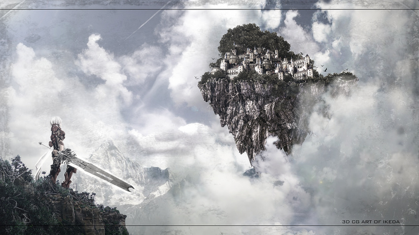 3d armor castle cloud floating_city floating_island highres ikeda_(hayato) nature original scenery sky solo sword wallpaper weapon