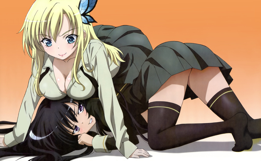 2girls absurdres annoyed aqua_eyes ass black_legwear blonde_hair boku_wa_tomodachi_ga_sukunai breast_press breasts butterfly butterfly_hair_ornament cleavage detexted feet hair_ornament highres kashiwazaki_sena large_breasts lipstick long_hair long_legs makeup mikazuki_yozora multiple_girls no_shoes official_art ooshima_miwa purple_eyes school_uniform seifuku skirt thighhighs yuri