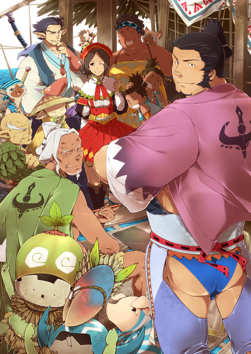 argosy_captain ass black_hair capcom cha-cha character_request dark_skin fat_lady felyne fishmongress_(monster_hunter_3) guild_sweetheart hat headband helmet highres kayamba kayanba mask monster_hunter monster_hunter_3 monster_hunter_3_g old_man pig pointy_ears poogie shakalaka staff sword village_chief weapon wyverian