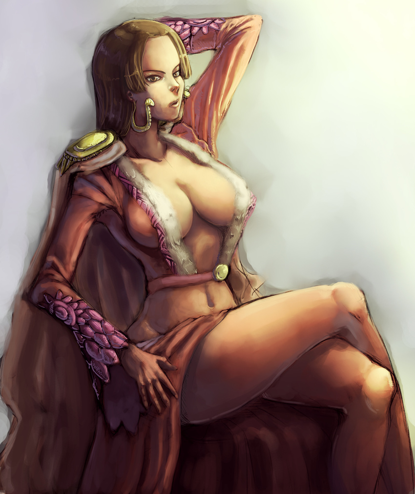 amazon bare_legs black_hair boa_hancock breasts cape center_opening cleavage crossed_legs earrings highres jewelry kyoffie12 large_breasts lips long_hair long_legs midriff navel no_bra nose one_piece sideboob sitting snake_earrings solo