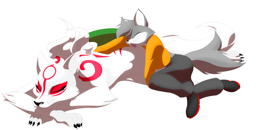 &#332;kami amaterasu anthro back_tuft black_nose body_markings canine cat claws clothed clothing deity eyeofcalamity facial_markings fangs feline female feral fur grey grey_fur hi_res hindpaw lying male mammal markings on_stomach open_mouth paws plain_background red shoes sleeping stomach teeth tuft video_games vorarephilia vore white white_background white_fur wolf