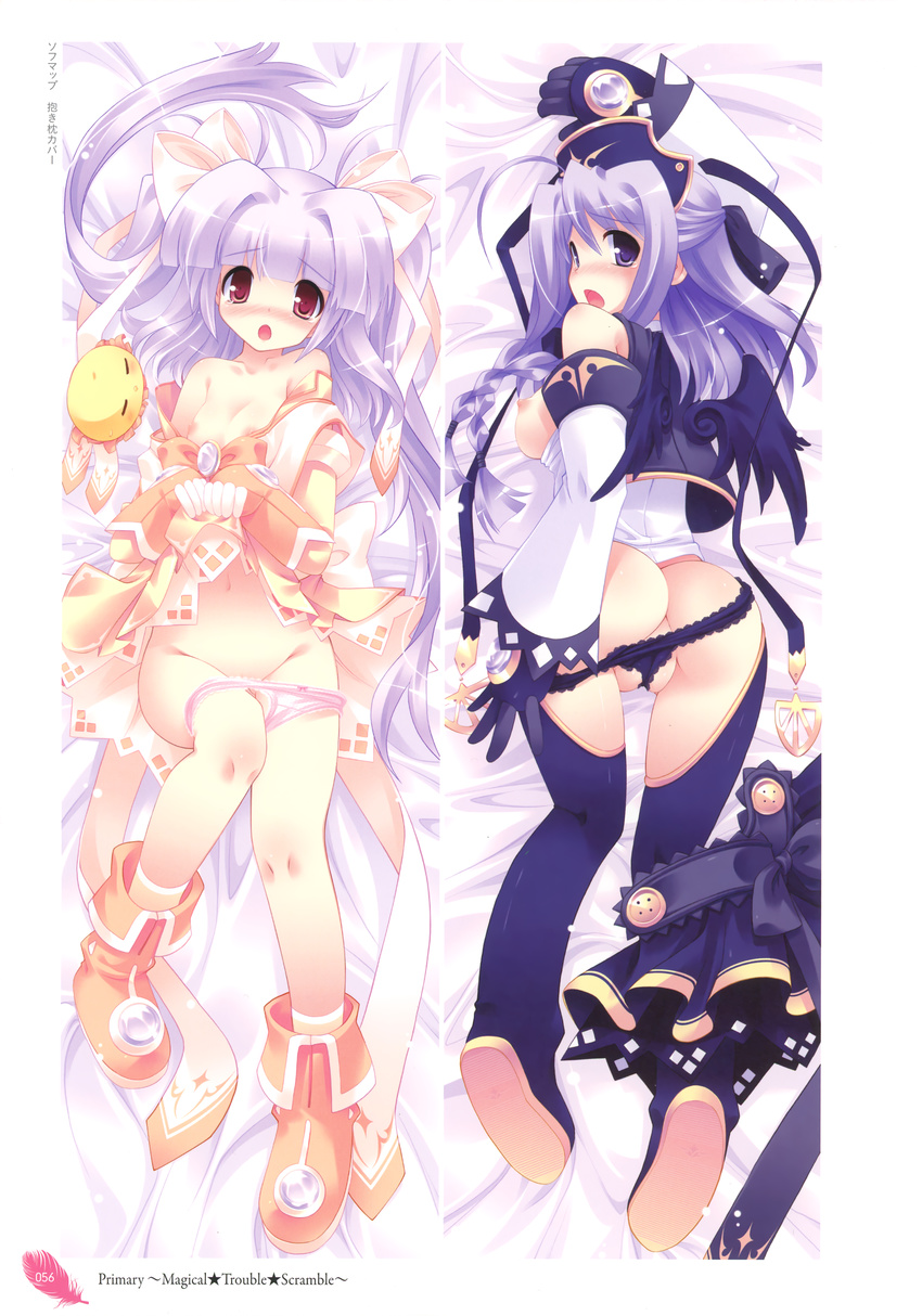 :o absurdres ass blush d: dakimakura detached_sleeves highres lime_luna_oaklane multiple_girls no_bra open_mouth panties panty_pull pink_panties primary_~magical_trouble_scramble~ purple_eyes purple_hair purple_legwear purple_panties red_eyes rikuou_hinana scan skirt skirt_lift tears thighhighs tsurugi_hagane underwear