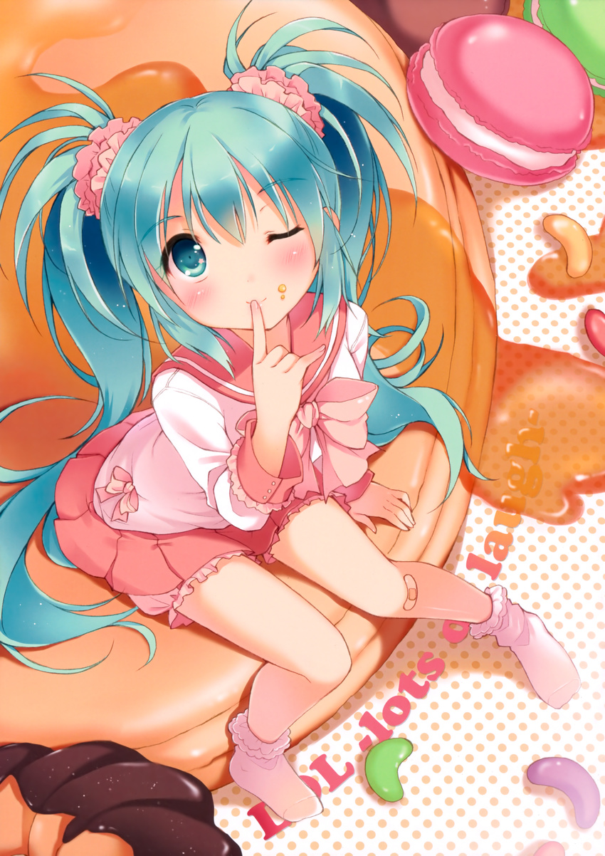 ;) absurdres aqua_eyes aqua_hair bandaid bandaid_on_knee bloomers blush bobby_socks bow bowtie candy closed_mouth doughnut engrish eyebrows_visible_through_hair finger_to_mouth food food_on_face from_above hair_ornament hair_scrunchie hatsune_miku highres jelly_bean long_hair looking_at_viewer looking_up lots_of_laugh_(vocaloid) macaron minigirl one_eye_closed oversized_object pan_(mimi) pink_bloomers pleated_skirt polka_dot ranguage school_uniform scrunchie serafuku sitting skirt smile socks solo syrup twintails underwear very_long_hair vocaloid