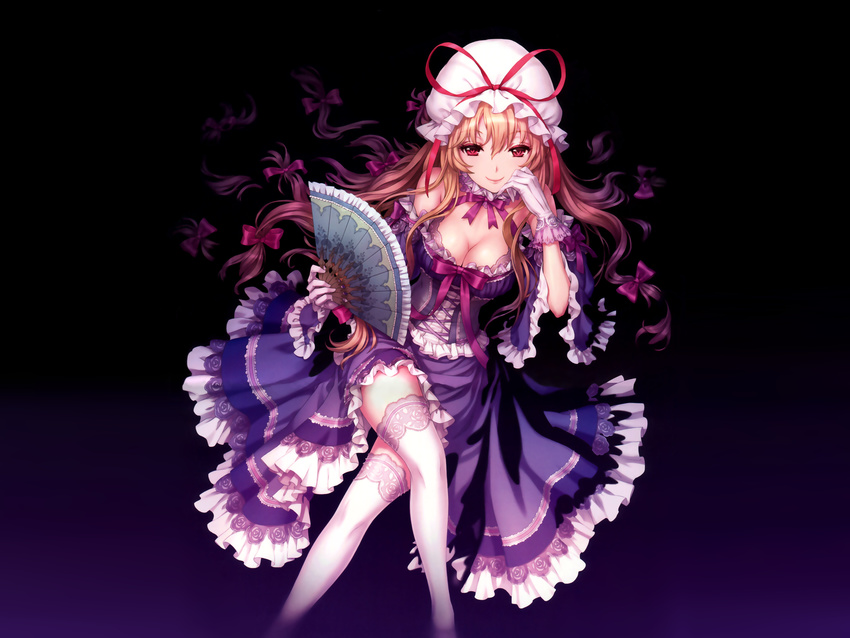 absurdres an2a black_background blonde_hair breasts cleavage corset crossed_legs dark fan folding_fan gloves gradient gradient_background hair_ribbon hand_on_own_cheek hat highres lace lace-trimmed_thighhighs large_breasts legs long_hair looking_at_viewer red_eyes ribbon simple_background sitting smile solo thighhighs thighs touhou white_gloves white_legwear yakumo_yukari