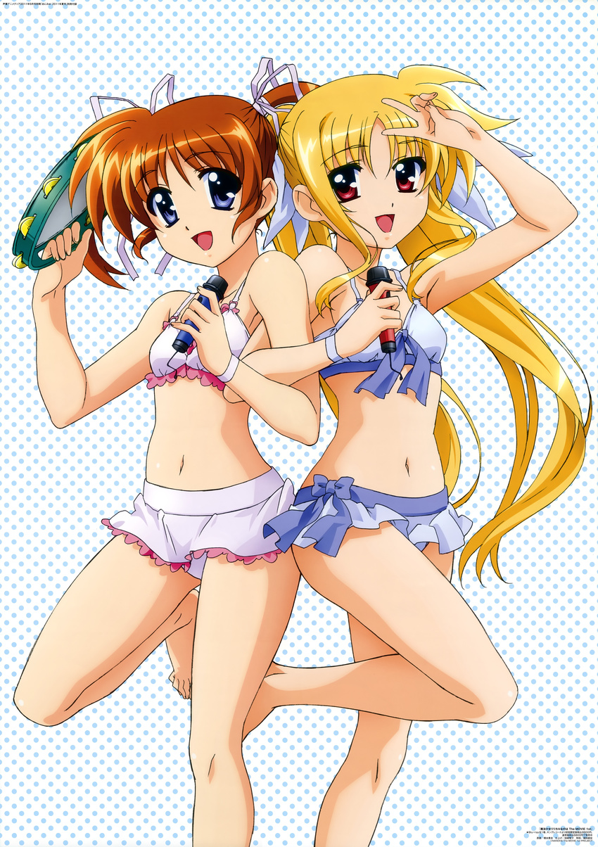 absurdres bikini blonde_hair blue_eyes brown_hair fate_testarossa hair_ribbon hashimoto_takayoshi highres instrument long_hair lyrical_nanoha mahou_shoujo_lyrical_nanoha mahou_shoujo_lyrical_nanoha_the_movie_1st microphone midriff multiple_girls navel okuda_yasuhiro open_mouth red_eyes ribbon swimsuit takamachi_nanoha tambourine twintails