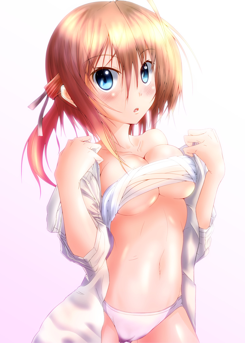 :o absurdres bad_id bad_pixiv_id bare_shoulders blue_eyes blush breasts brown_hair cameltoe cleavage colorized dress_shirt gradient gradient_background highres konoe_subaru large_breasts looking_at_viewer mayo_chiki! navel neko_neko_koneko no_pants open_clothes open_mouth open_shirt panties sarashi shirt short_hair simple_background sleeves_pushed_up solo underboob underwear undressing white_panties