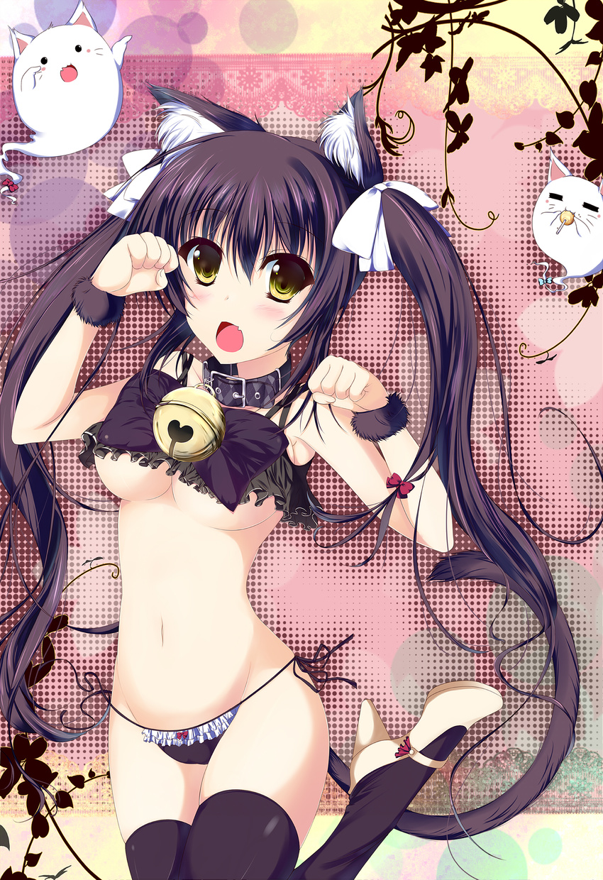 absurdres animal_ears bell bell_collar black_hair black_legwear blush bow breasts cat_ears cat_tail collar fang ghost green_eyes hair_bow hair_ribbon highres kyona_(konakona) large_breasts long_hair looking_at_viewer mary_janes navel open_mouth original panties paw_pose ribbon shoes side-tie_panties solo tail thighhighs twintails underboob underwear
