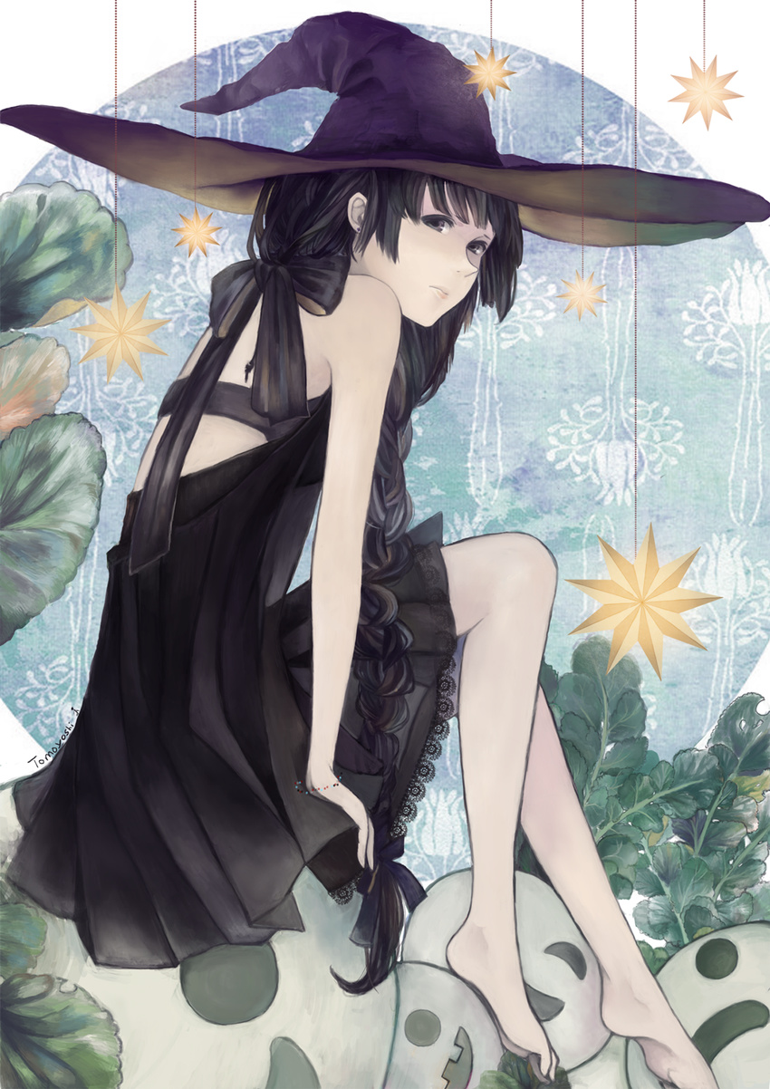 barefoot black_eyes black_hair bow braid dress halloween hat highres lace long_hair looking_back mi-so original sitting solo star witch witch_hat