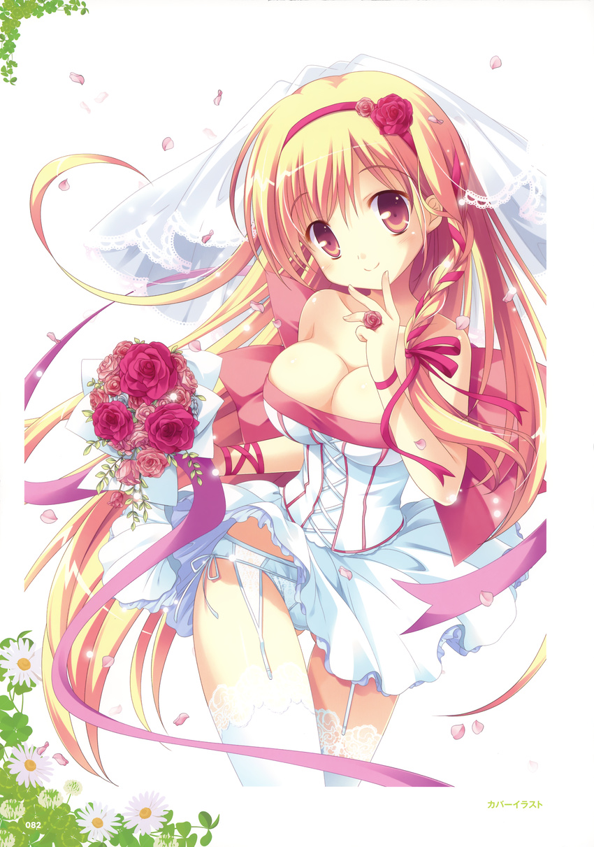 absurdres bare_shoulders blonde_hair bouquet braid breasts bridal_veil brown_eyes cleavage clover collarbone copyright_request corset daisy flower garter_belt hair_flower hair_ornament hairband highres jewelry long_hair medium_breasts panties petals red_flower red_rose ribbon ring rose skirt smile solo thigh_gap thighhighs underwear veil white_background white_legwear white_panties white_skirt yuyi