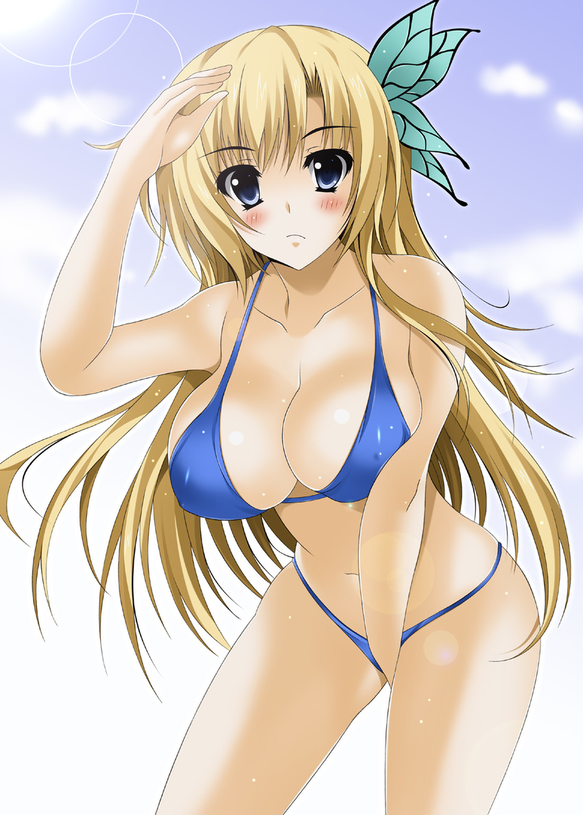 bikini blonde_hair blue_bikini blue_eyes blush boku_wa_tomodachi_ga_sukunai breasts butterfly_hair_ornament cleavage frown hair_ornament highres kashiwazaki_sena large_breasts leaning_forward lens_flare long_hair oda_ken'ichi shiny shiny_skin solo swimsuit