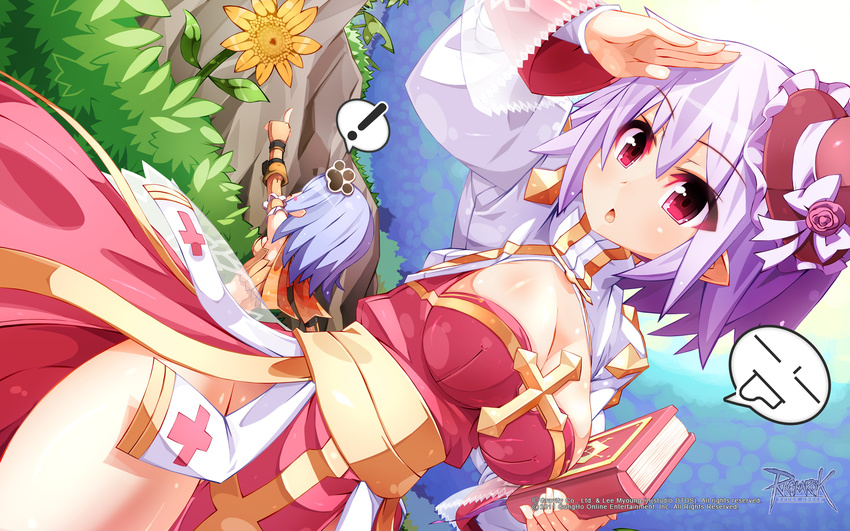 1girl :o alternate_color archbishop blue_hair blush book breasts cleavage collarbone dress emoticon flower hair_ornament hairpin hat highres large_breasts looking looking_afar mini_hat mini_top_hat no_panties official_art ooyama_kina parted_lips purple_hair ragnarok_online red_dress red_eyes solo sunflower top_hat wallpaper