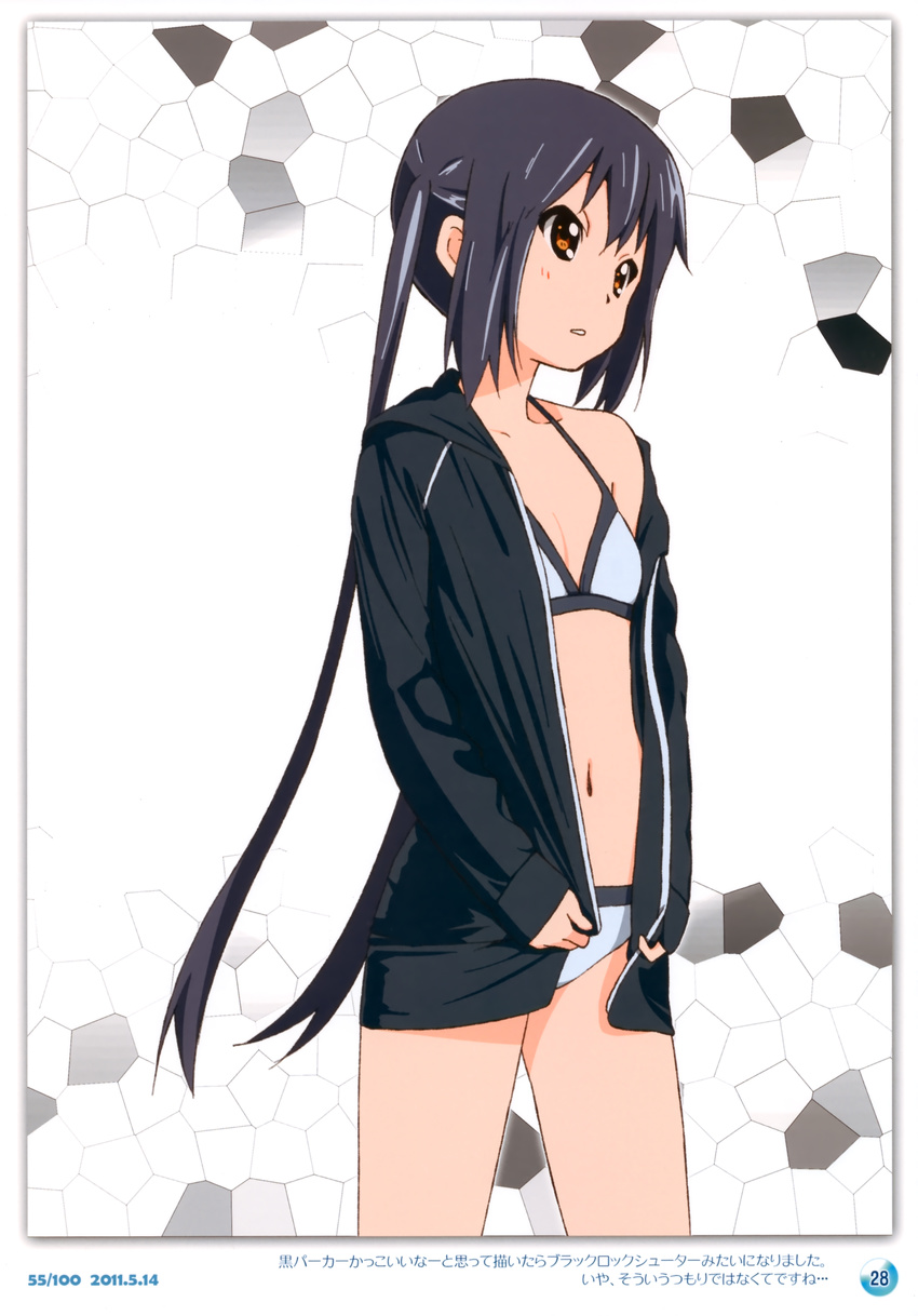 absurdres black_hair brown_eyes errant highres hood hoodie k-on! long_hair looking_away nakano_azusa scan solo twintails