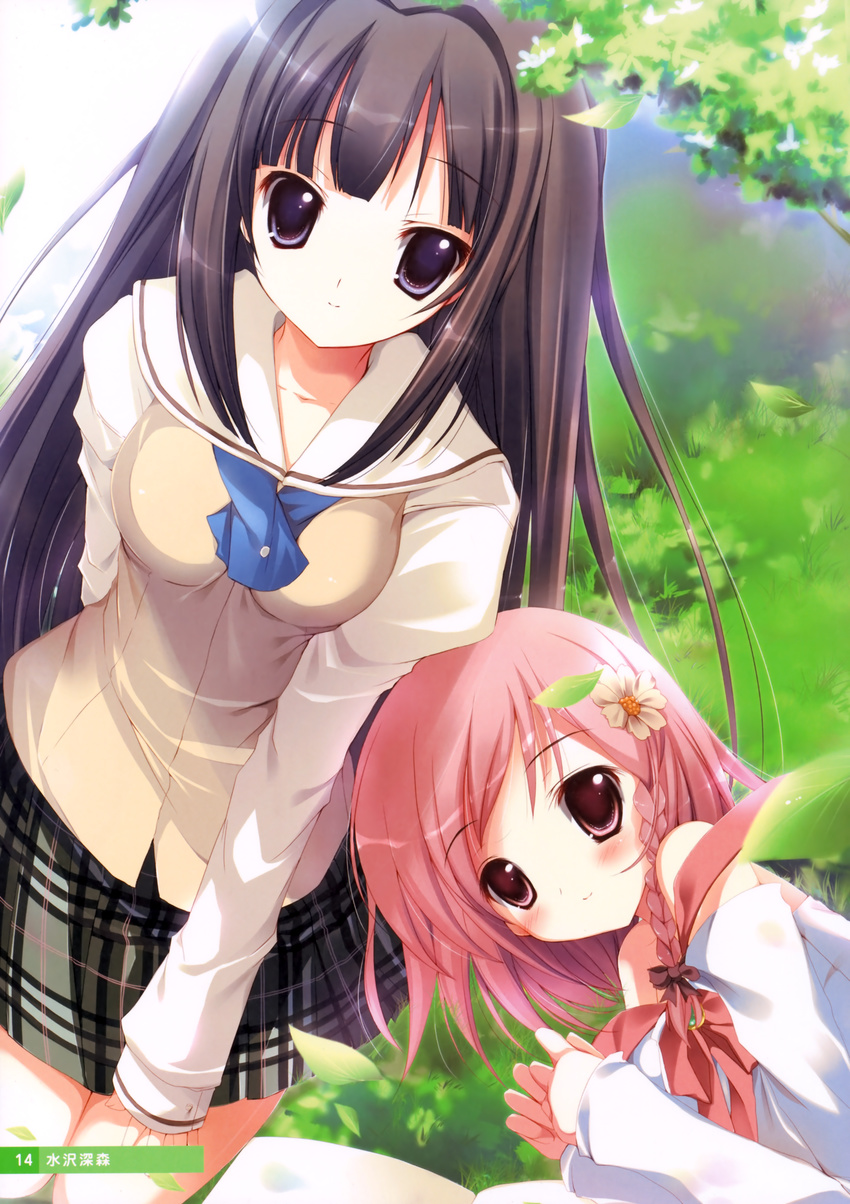 absurdres ayase_sayuki bare_shoulders black_eyes black_hair blush bow braid flower hair_bow hair_flower hair_ornament highres leaf leaning_forward long_hair looking_at_viewer mizusawa_mimori multiple_girls pink_eyes pink_hair scan school_uniform side_braid skirt smile your_diary yua_(your_diary)