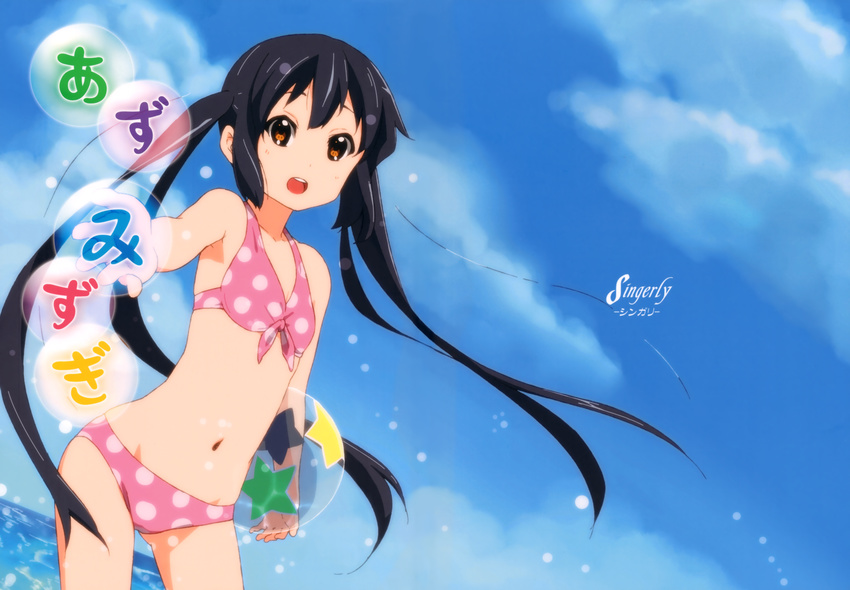absurdres ball bare_shoulders beachball bikini black_hair brown_eyes cloud dated day errant foreshortening highres k-on! long_hair looking_at_viewer nakano_azusa navel open_mouth outdoors outstretched_arm polka_dot polka_dot_bikini polka_dot_swimsuit scan sidelocks sky smile solo swimsuit translated twintails wading