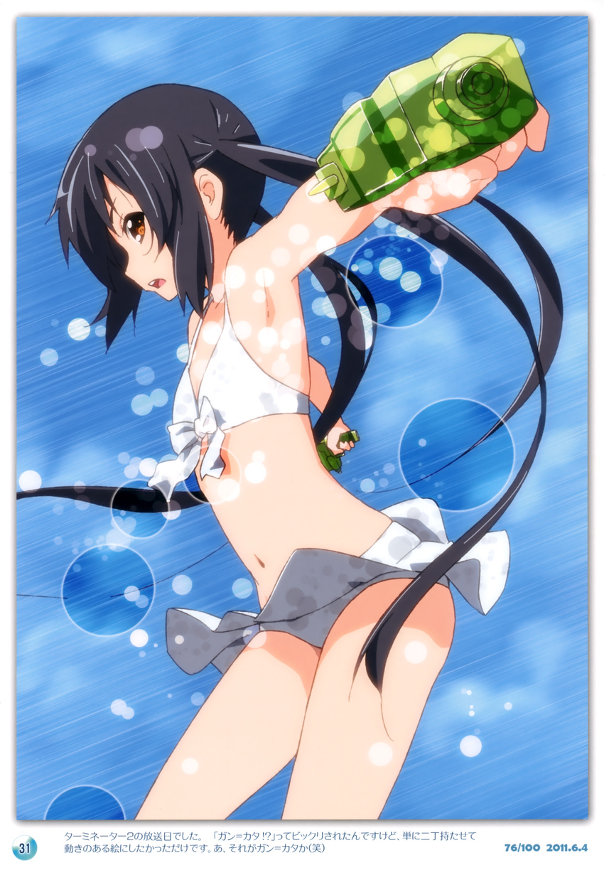 2011 absurdres armpits black_hair brown_eyes dated dual_wielding errant foreshortening highres holding k-on! long_hair nakano_azusa outstretched_arms scan solo spread_arms swimsuit twintails water_gun