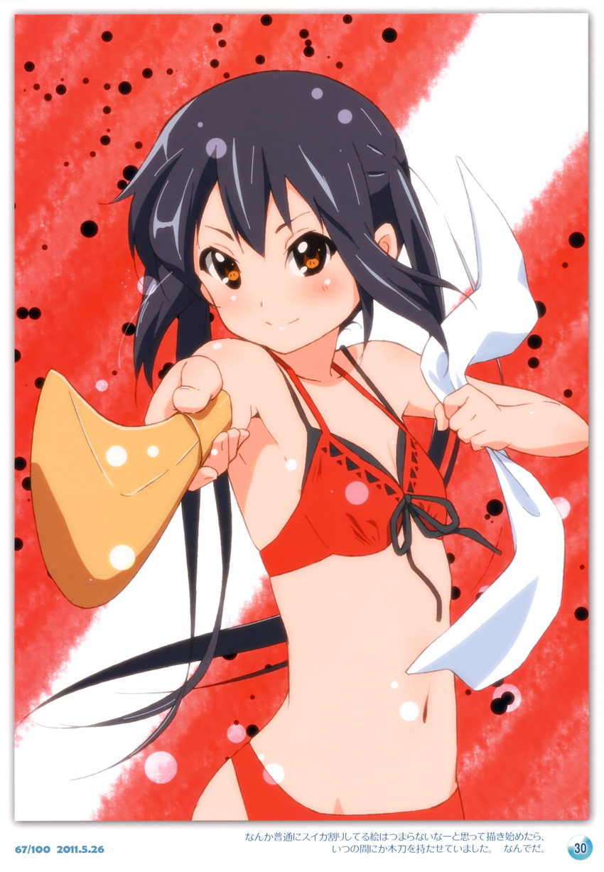 absurdres black_hair blush brown_eyes errant highres k-on! layered_bikini long_hair nakano_azusa navel scan smile solo sword twintails weapon wooden_sword