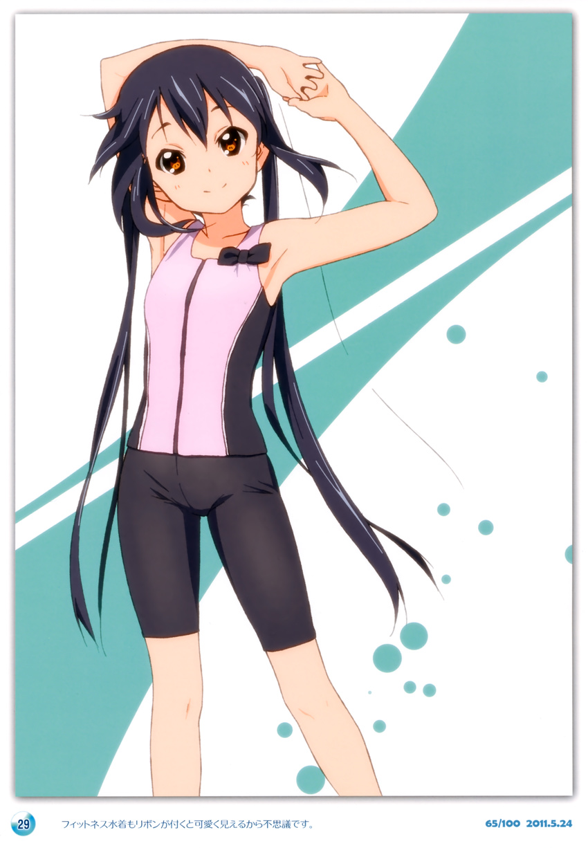 2011 absurdres armpits arms_up bare_shoulders bike_shorts black_hair brown_eyes casual dated errant feet_out_of_frame highres k-on! long_hair nakano_azusa official_style scan signature smile solo stretch twintails