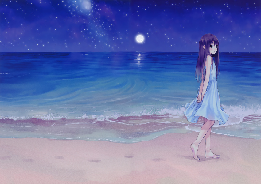 absurdres arms_behind_back bare_shoulders barefoot beach black_eyes blue_dress blush brown_hair dress footprints full_moon highres horizon kazuharu_kina long_hair looking_at_viewer moon night night_sky original outdoors sky solo star_(sky) starry_sky walking water waves