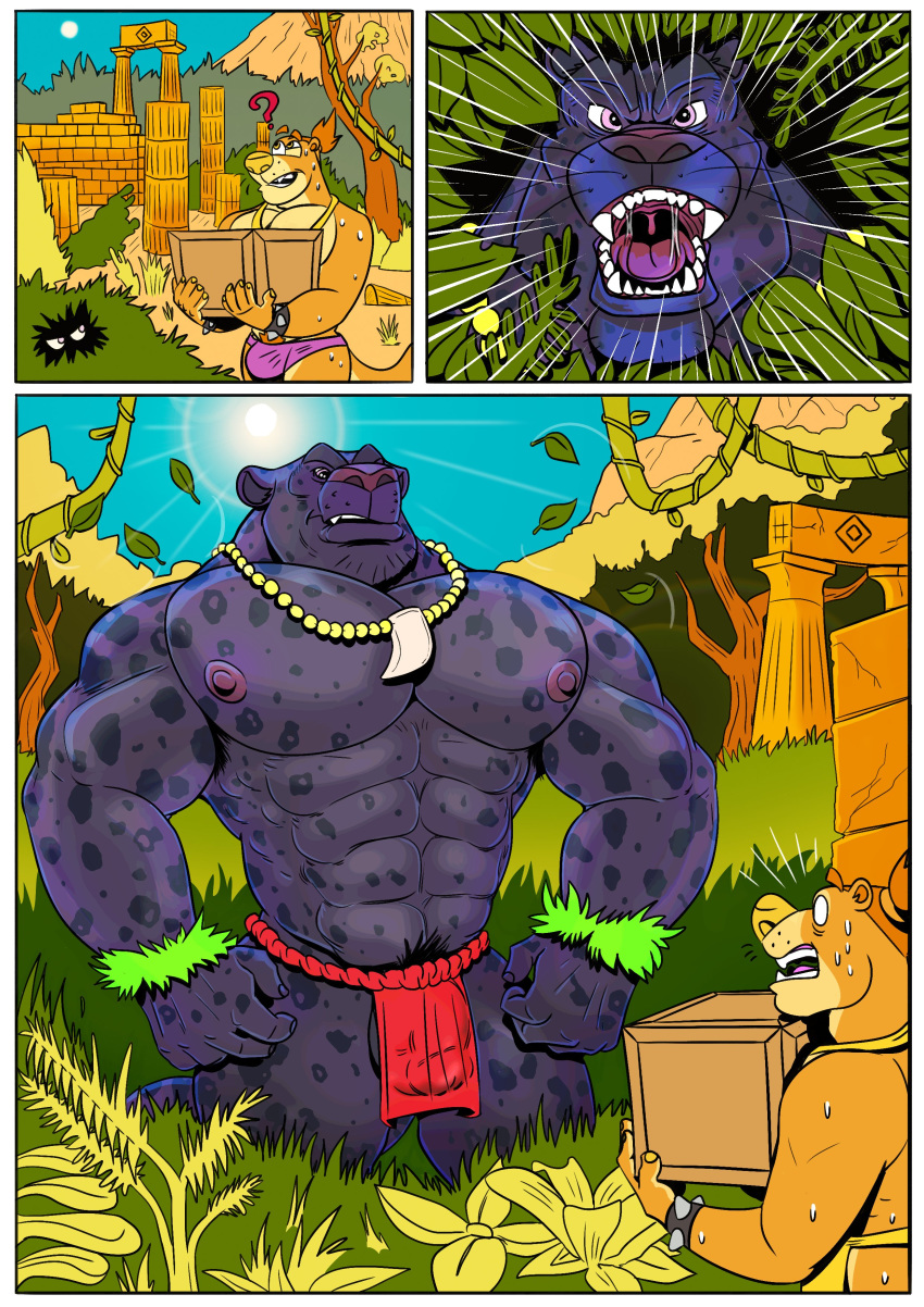 anthro balls barely_visible_balls barely_visible_genitalia big_pecs bulge clothing comic feline hi_res loincloth male mammal muscular muscular_male mustelid nipples otter pantherine pecs penis_outline pubes speedo swimsuit tawny_otter tawny_otter_(character)