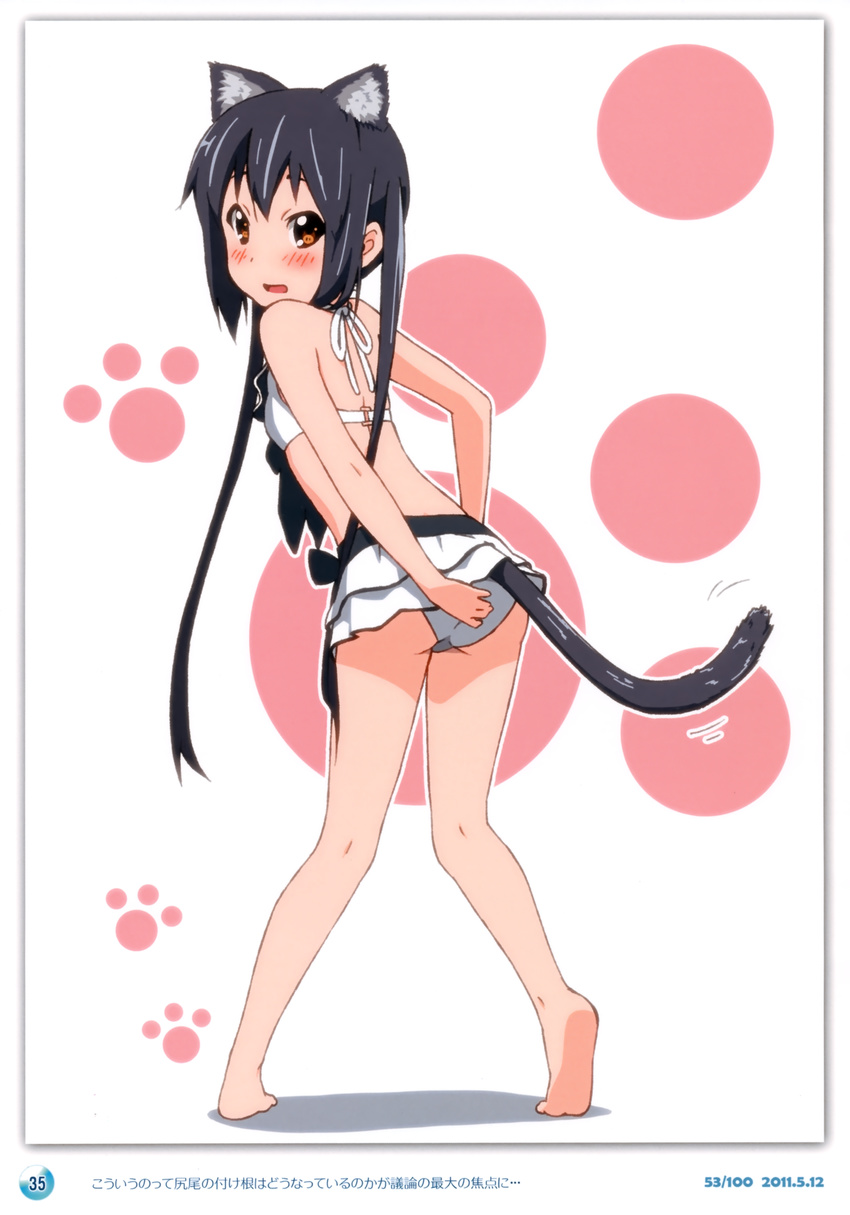 2011 absurdres animal_ears barefoot bikini black_hair blush brown_eyes cat_ears cat_tail dated errant from_behind full_body highres k-on! kemonomimi_mode long_hair looking_back nakano_azusa paw_print scan solo swimsuit tail twintails