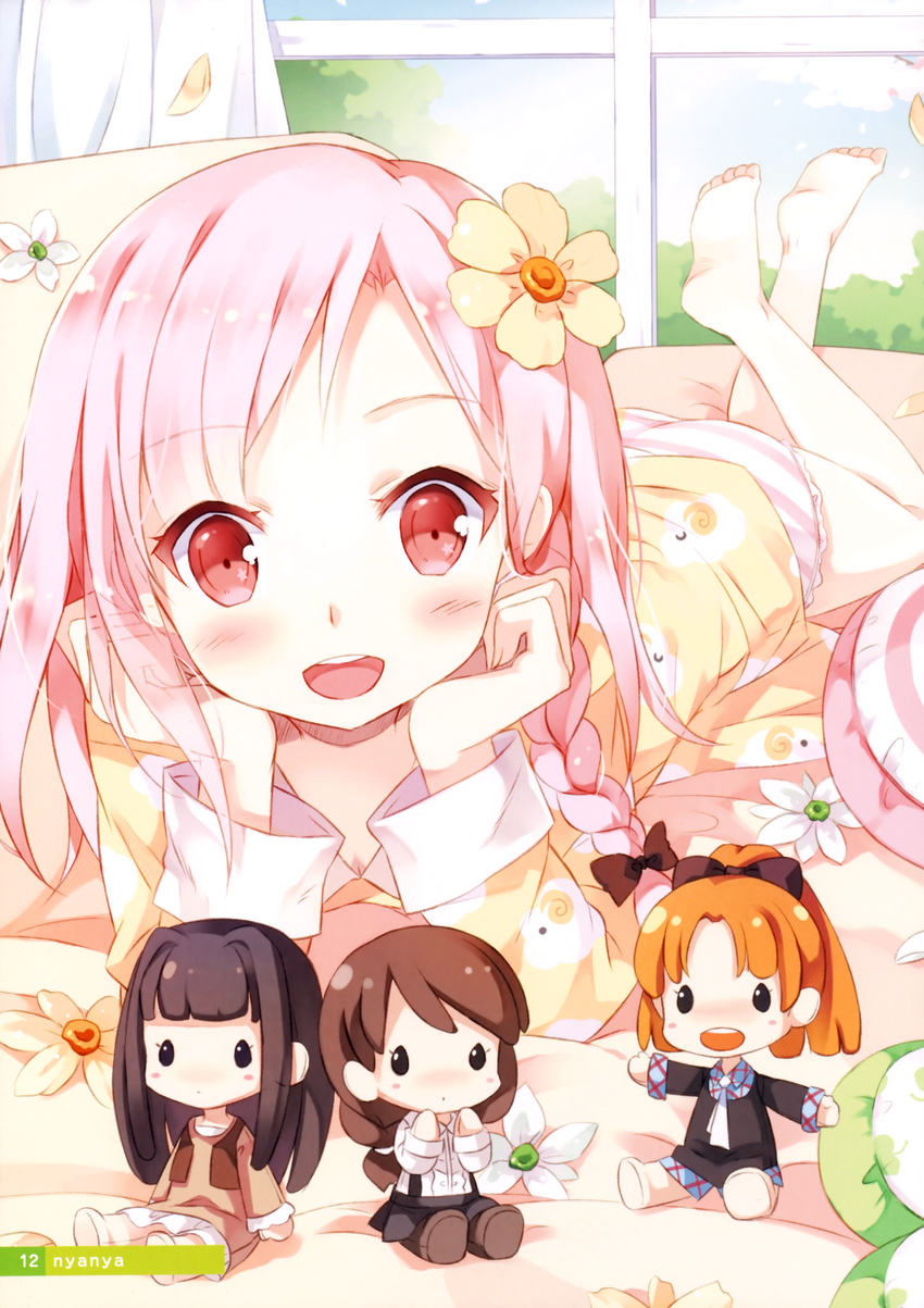 :d absurdres artist_name ayase_sayuki barefoot black_hair blush braid brown_hair character_doll curtains flower hair_flower hair_ornament hand_to_own_mouth highres hirosaki_kanade indoors long_hair looking_at_viewer lying minagawa_yuuhi nyanya on_stomach open_mouth orange_hair outstretched_arms panties pink_hair ponytail red_eyes scan single_braid sitting skirt smile solo striped striped_panties underwear window your_diary yua_(your_diary)