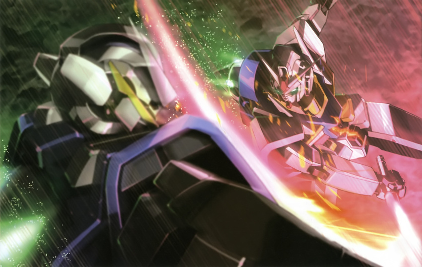 armor artist_request ashes battle glowing glowing_eyes green_eyes gundam gundam_00 gundam_exia highres machinery mecha no_humans outstretched_arm slashing