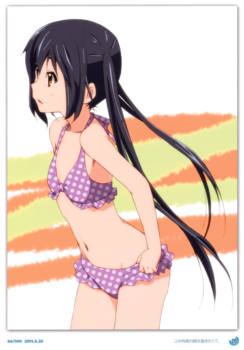 2011 absurdres bikini black_hair brown_eyes dated errant highres k-on! long_hair nakano_azusa polka_dot polka_dot_bikini polka_dot_swimsuit scan solo swimsuit twintails