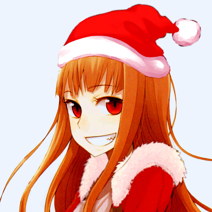 1girl ayakura_juu christmas christmas_hat face hat highres holo horo long_hair looking_at_viewer orange_hair photoshop portrait red_eyes santa_hat smile solo spice_and_wolf