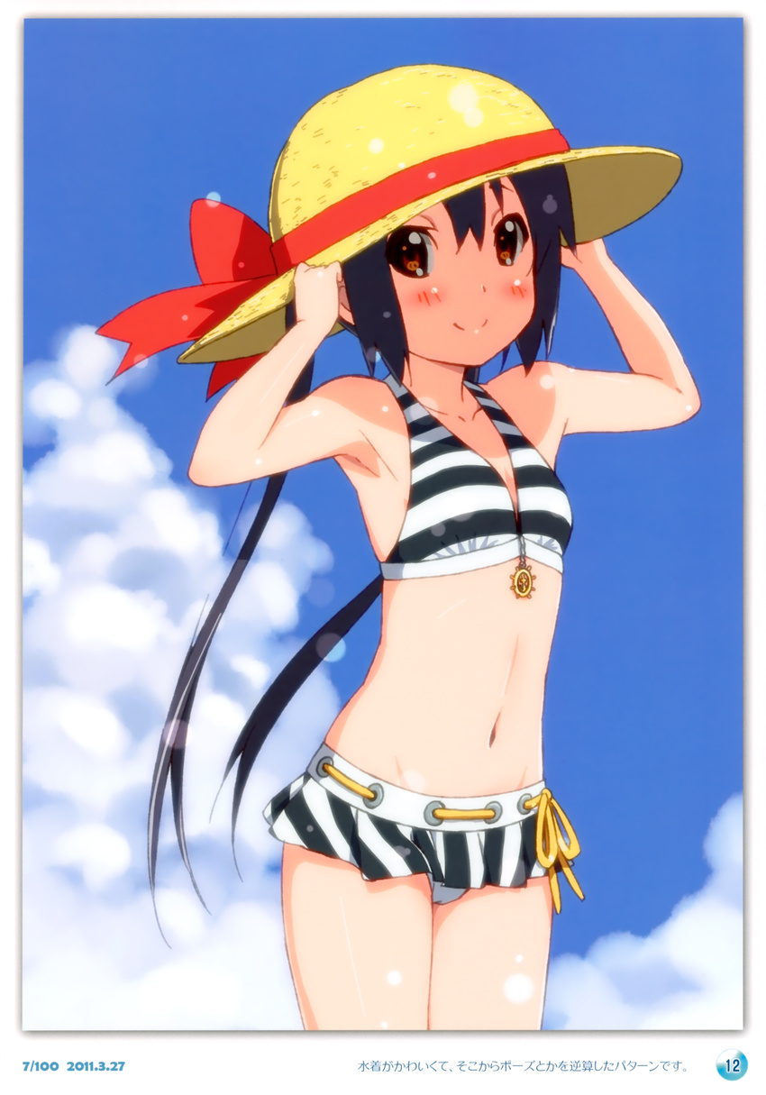 2011 absurdres armpits bikini black_hair blush brown_eyes cloud dated day errant hand_on_headwear happy hat highres k-on! long_hair looking_at_viewer nakano_azusa navel scan smile solo striped striped_bikini sun_hat swimsuit twintails