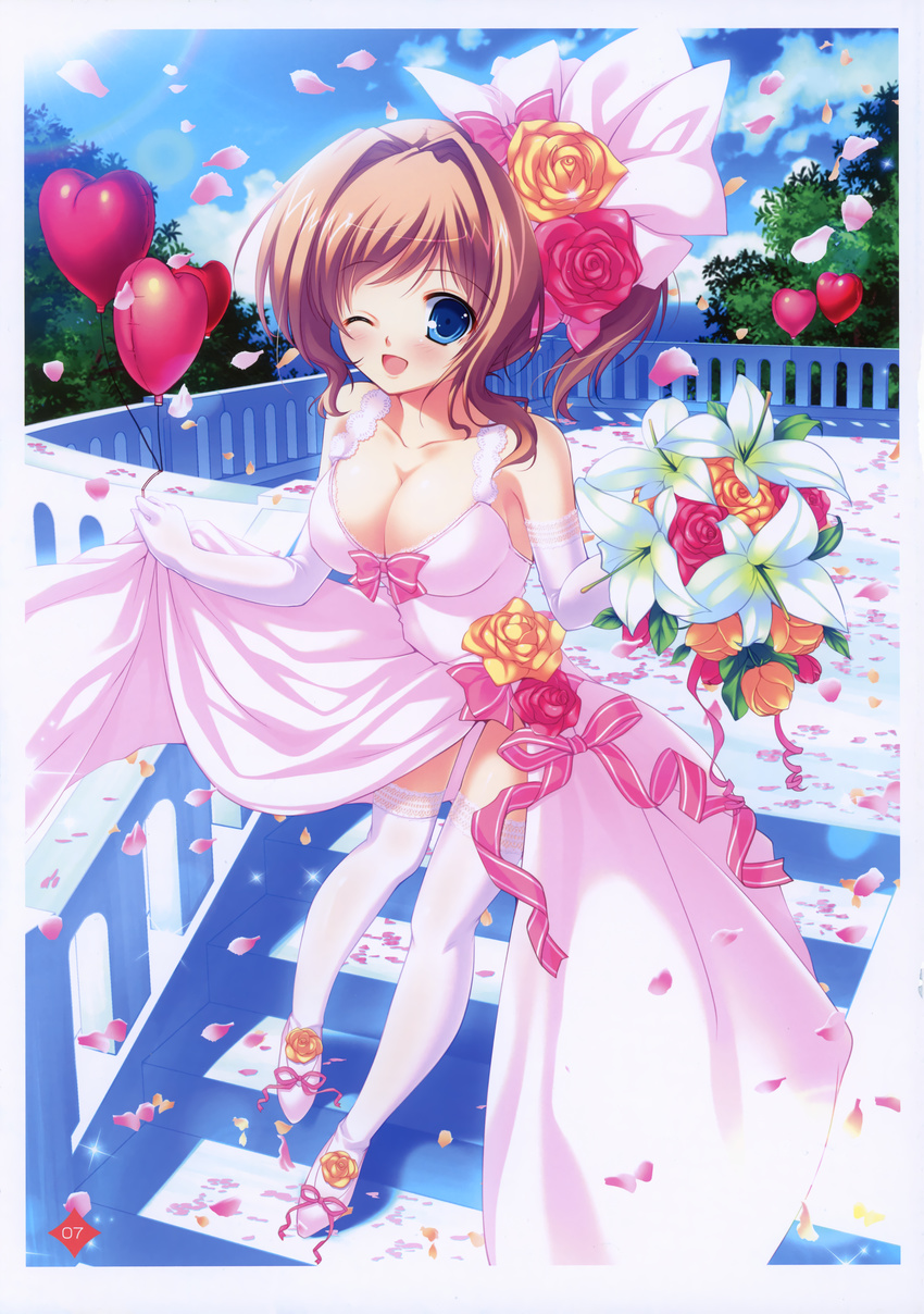 ;d absurdres balloon blue_eyes blush bouquet breasts brown_hair cleavage cloud copyright_request dress elbow_gloves flower foreshortening gloves hair_flower hair_intakes hair_ornament heart heart_balloon highres huge_filesize lace lace-trimmed_thighhighs large_breasts legs lens_flare mikeou one_eye_closed open_mouth petals ribbon rose rose_petals sky smile stairs thighhighs thighs wedding_dress white_legwear