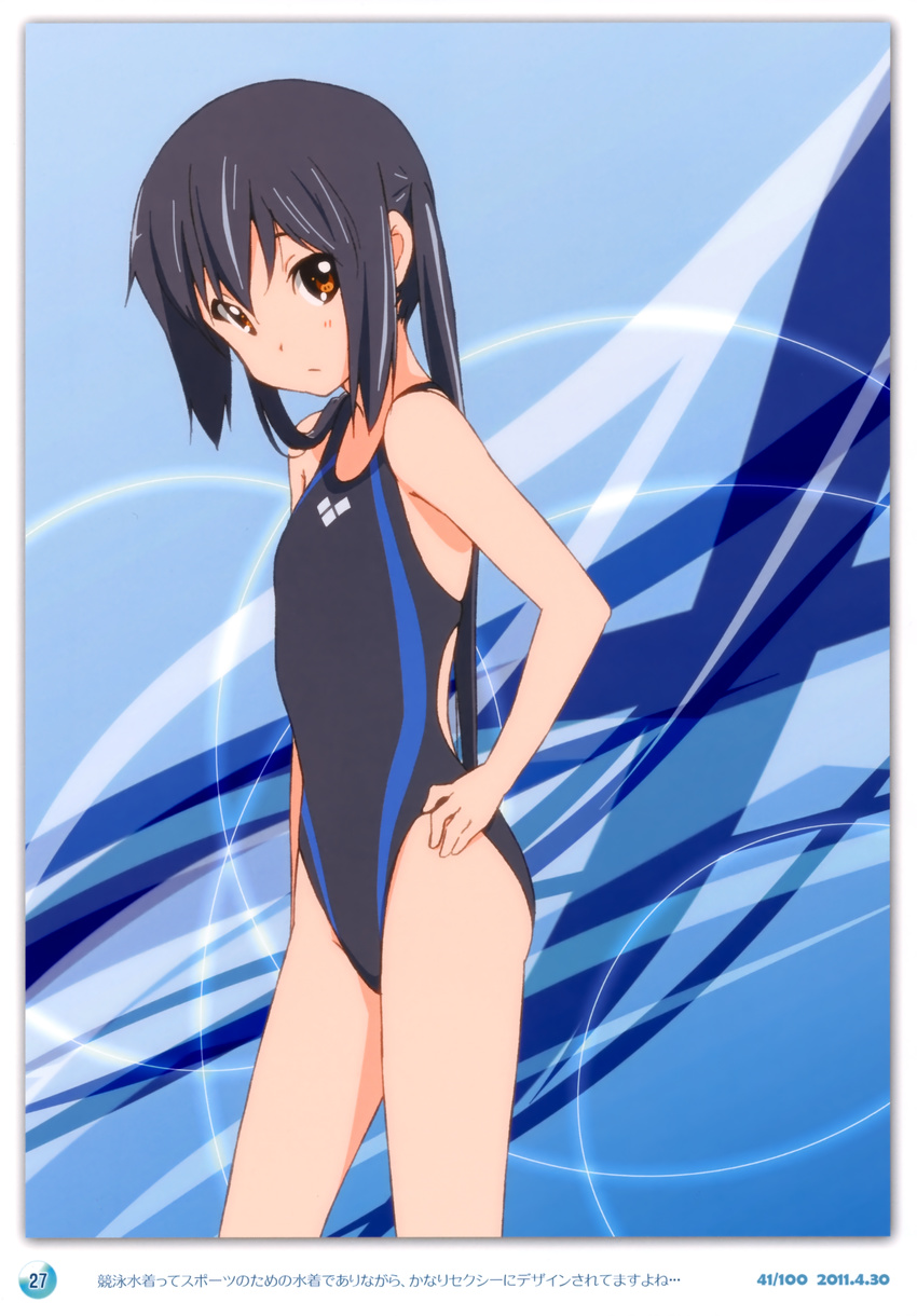 absurdres black_hair blush brown_eyes competition_swimsuit errant highres k-on! long_hair looking_at_viewer nakano_azusa one-piece_swimsuit scan solo swimsuit twintails