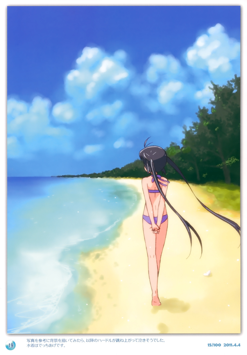 2011 absurdres arms_behind_back barefoot beach bikini black_hair blue_sky cloud dated day errant from_behind highres k-on! long_hair nakano_azusa ocean outdoors sand scan sky solo swimsuit tree twintails walking