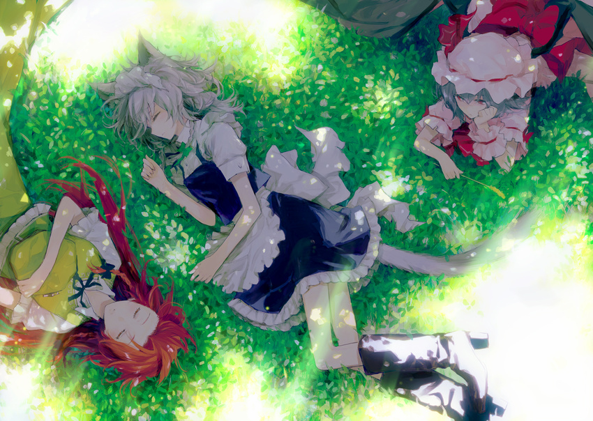 animal_ears blue_hair boots braid dappled_sunlight dog_ears dog_tail grey_hair hat hong_meiling izayoi_sakuya lying maid_headdress minakata_sunao multiple_girls on_back on_side red_hair remilia_scarlet sleeping sunlight tail touhou twin_braids