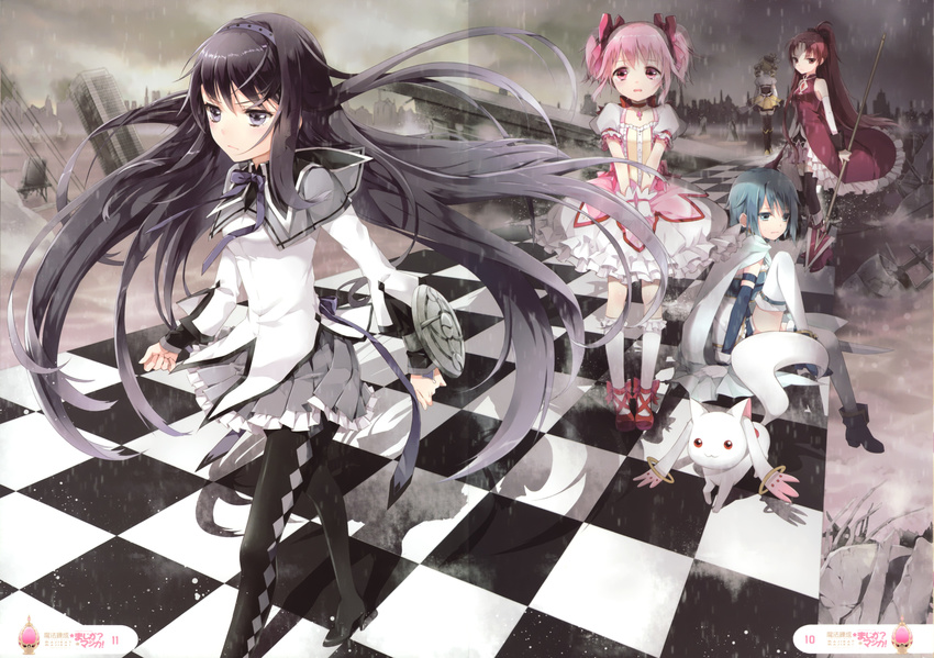 :3 absurdres akemi_homura black_hair blonde_hair blue_eyes blue_hair bow cape checkered checkered_background checkered_floor city cocoon_(loveririn) crease drill_hair everyone hair_ribbon hairband highres kaname_madoka kyubey long_hair magical_girl mahou_shoujo_madoka_magica miki_sayaka multiple_girls pantyhose pink_eyes pink_hair polearm ponytail purple_eyes rain red_eyes red_hair ribbon ruins sakura_kyouko scan shield short_hair skirt sky spear tears thighhighs tomoe_mami twin_drills twintails water weapon