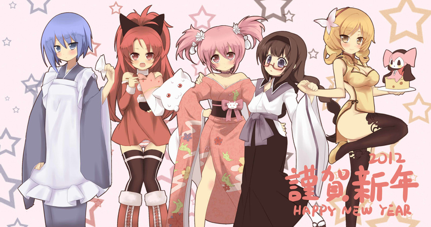 5girls :3 adapted_costume akemi_homura alternate_costume apron bare_shoulders black_legwear blue_dress blush boots bow bowl braid breasts bug butterfly cameo charlotte_(madoka_magica) cheese china_dress chinese_clothes choker chopsticks cleavage commentary_request creature detached_sleeves dress food glasses hair_bow hair_ornament hairband happy_new_year highres holding_hands insect japanese_clothes kaname_madoka kimono kyubey lineup looking_at_viewer mahou_shoujo_madoka_magica medium_breasts miki_sayaka multiple_girls new_year no_panties obi panties pink_background plate pose red_skirt sakura_kyouko sandals sash short_twintails simple_background sitting skirt striped striped_panties tabi thighhighs tomoe_mami tsliuyixin twin_braids twintails underwear