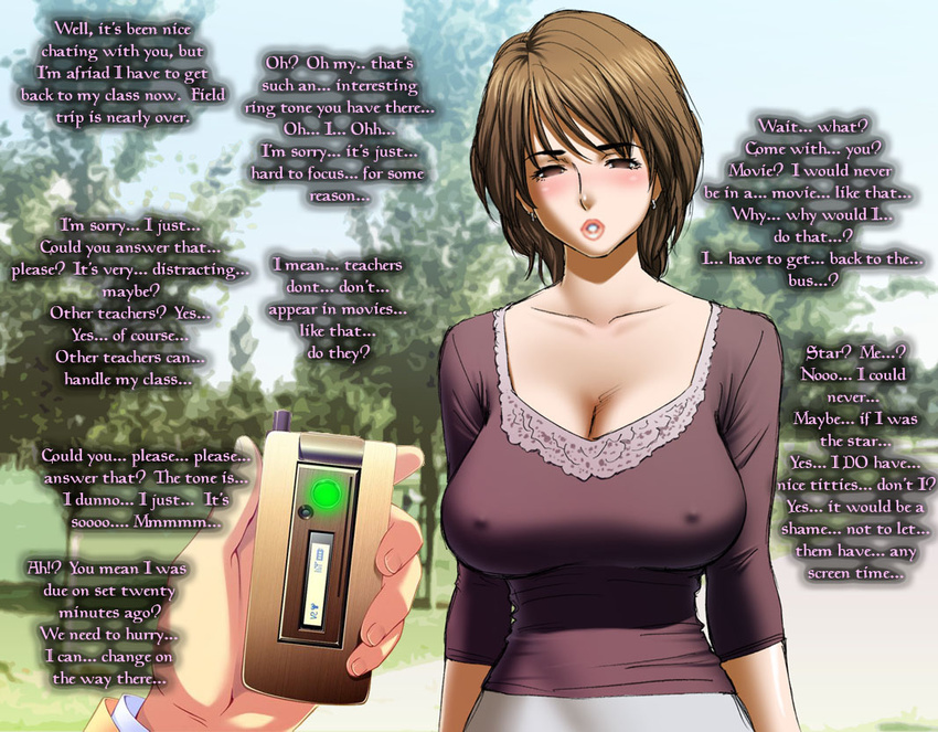 blush breasts brown_eyes brown_hair cellphone earrings empty_eyes english erect_nipples huge_breasts hypnosis hypnotism jewelry large_breasts lips milf mind_control phone tatsunami_youtoku youtoku_tatsunami