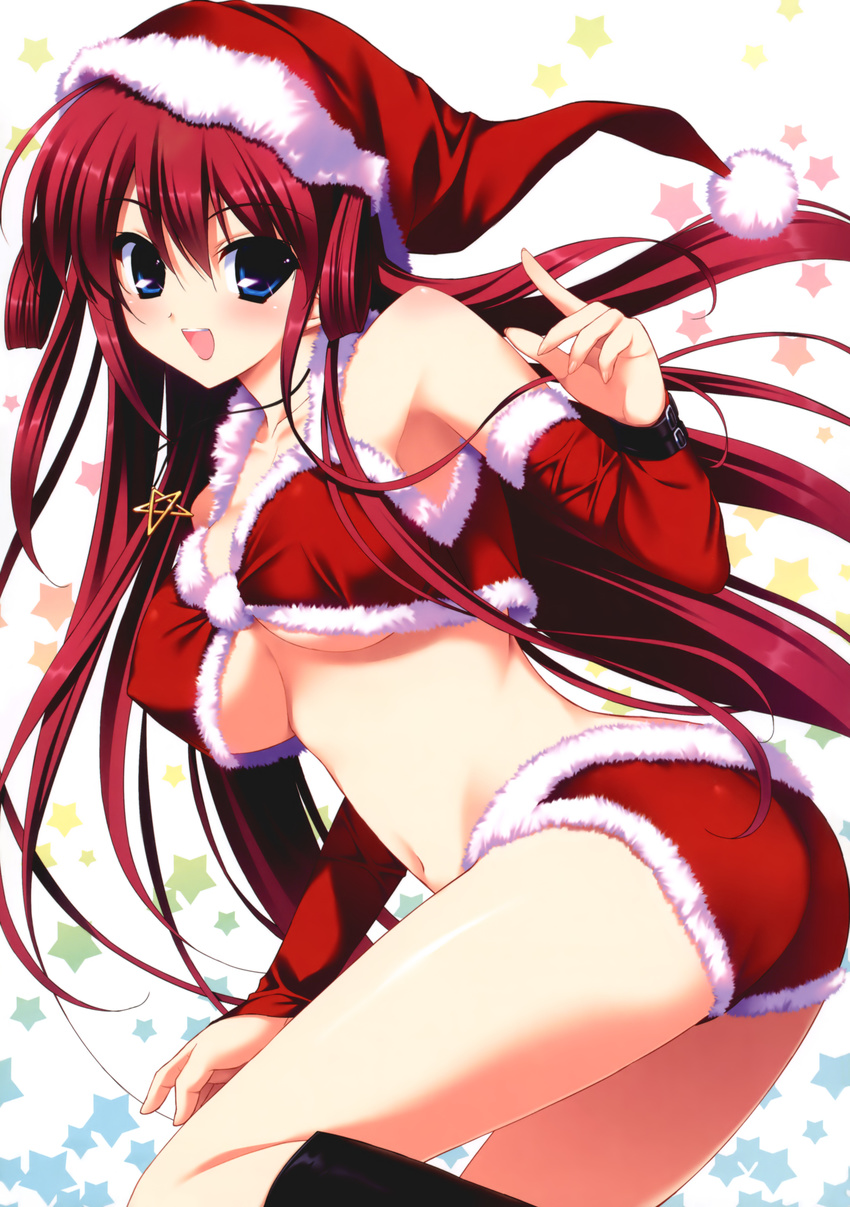 absurdres bare_shoulders blue_eyes blush boots breasts christmas crop_top detached_sleeves fumio_(ura_fmo) fur_trim grisaia_(series) grisaia_no_kajitsu hat highres jewelry knee_boots large_breasts long_hair long_legs looking_at_viewer looking_back midriff navel open_mouth pendant red red_hair santa_costume santa_hat shiny shiny_skin short_shorts shorts simple_background smile solo suou_amane underboob